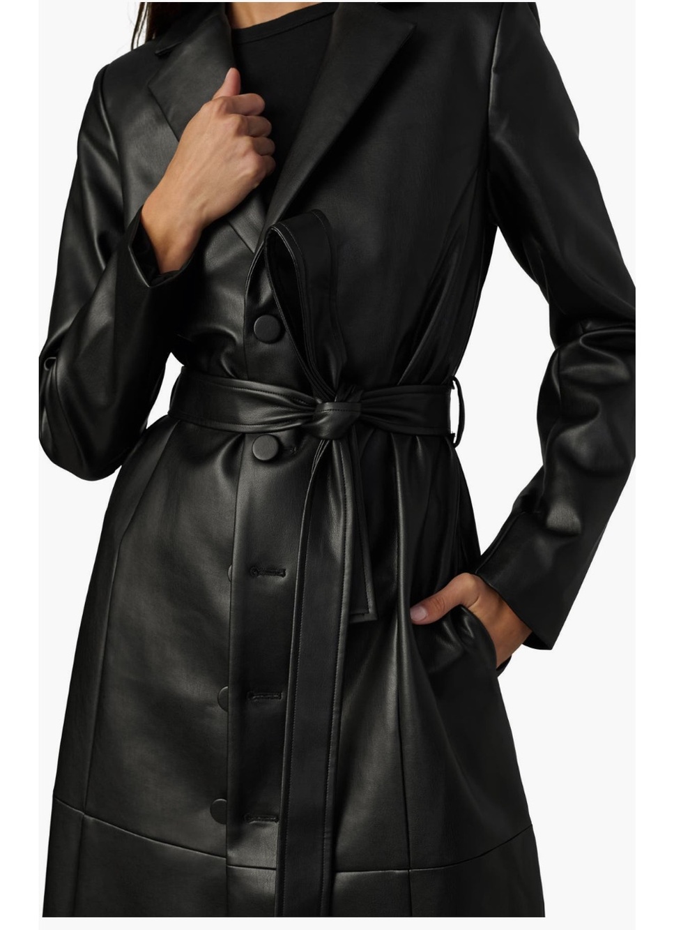 Unreal Fur Classic Black Faux-Leather Trench Coat with Buttons and Belt Closure